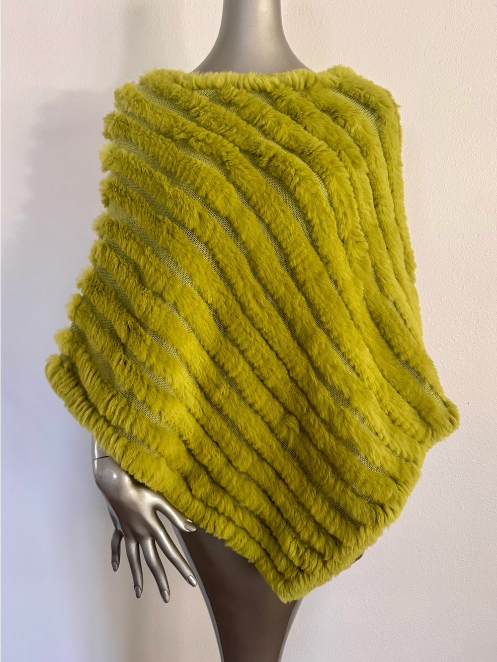 Genuine Rabbit Fur Poncho Cape Chartreuse Olive Green Mesh One Size